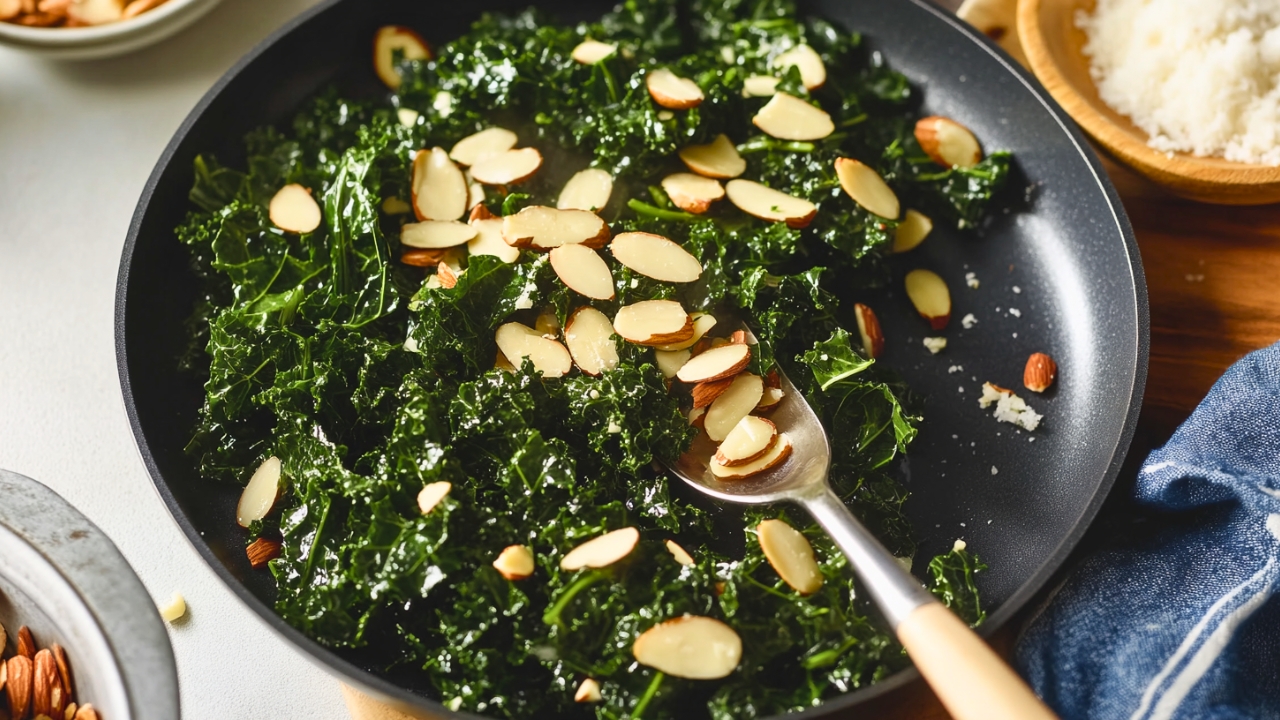 Quick Kale Recipe for Healthy Dinners Made Easy - Garlicky Sauteed Kale with Almonds midia
