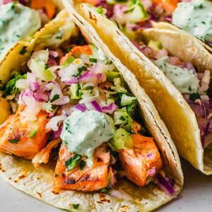 Fish Taco Recipe for Two That Actually Satisfy - Salmon Tacos with Cabbage Slaw Lime Crema midia