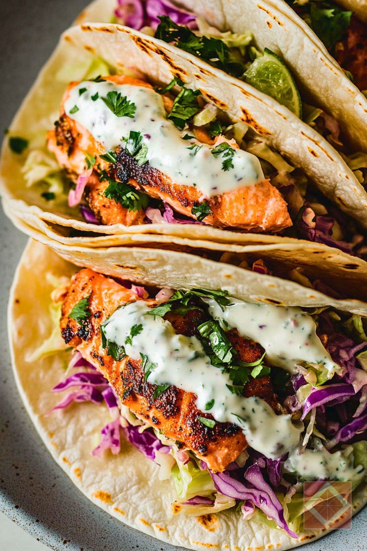Fish Taco Recipe for Two That Actually Satisfy - Salmon Tacos with Cabbage Slaw Lime Crema pin 2 midia
